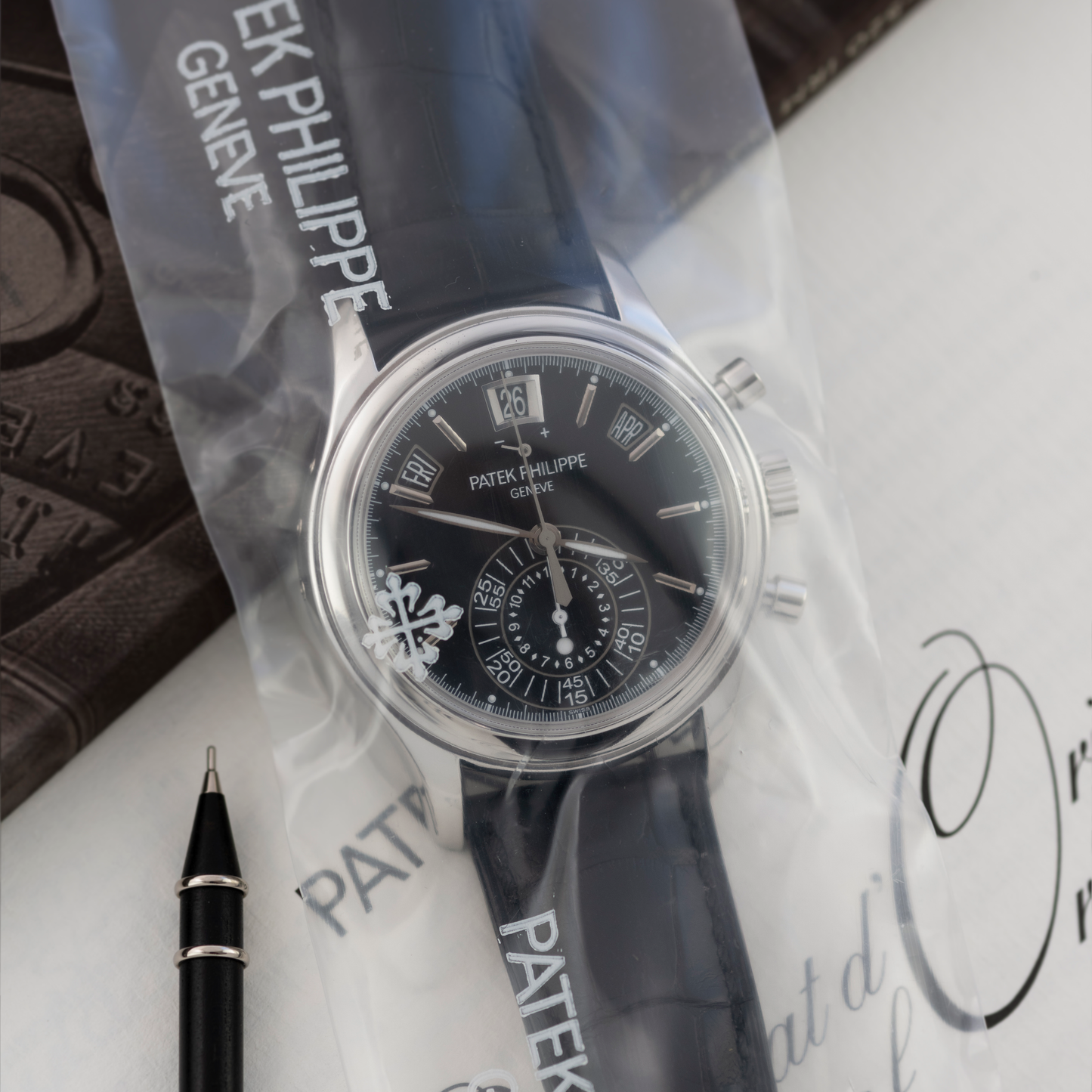 Service Seal of Platinum Patek Philippe Annual Calendar Chronograph One Year Only Black Dial Ref. 5960P-016 40.5mm