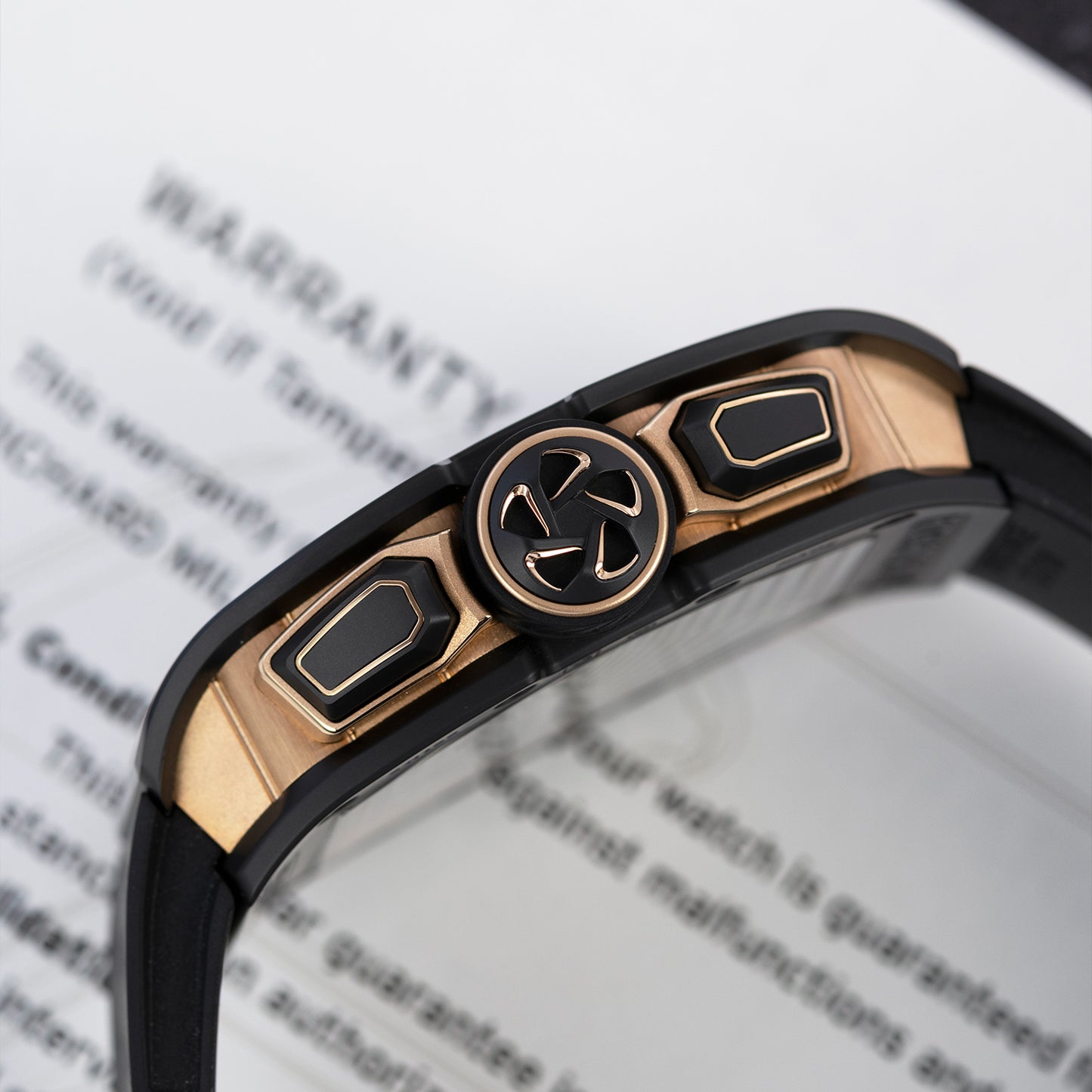 Crown shot of black ceramic Richard Mille flyback chronograph RM72-01