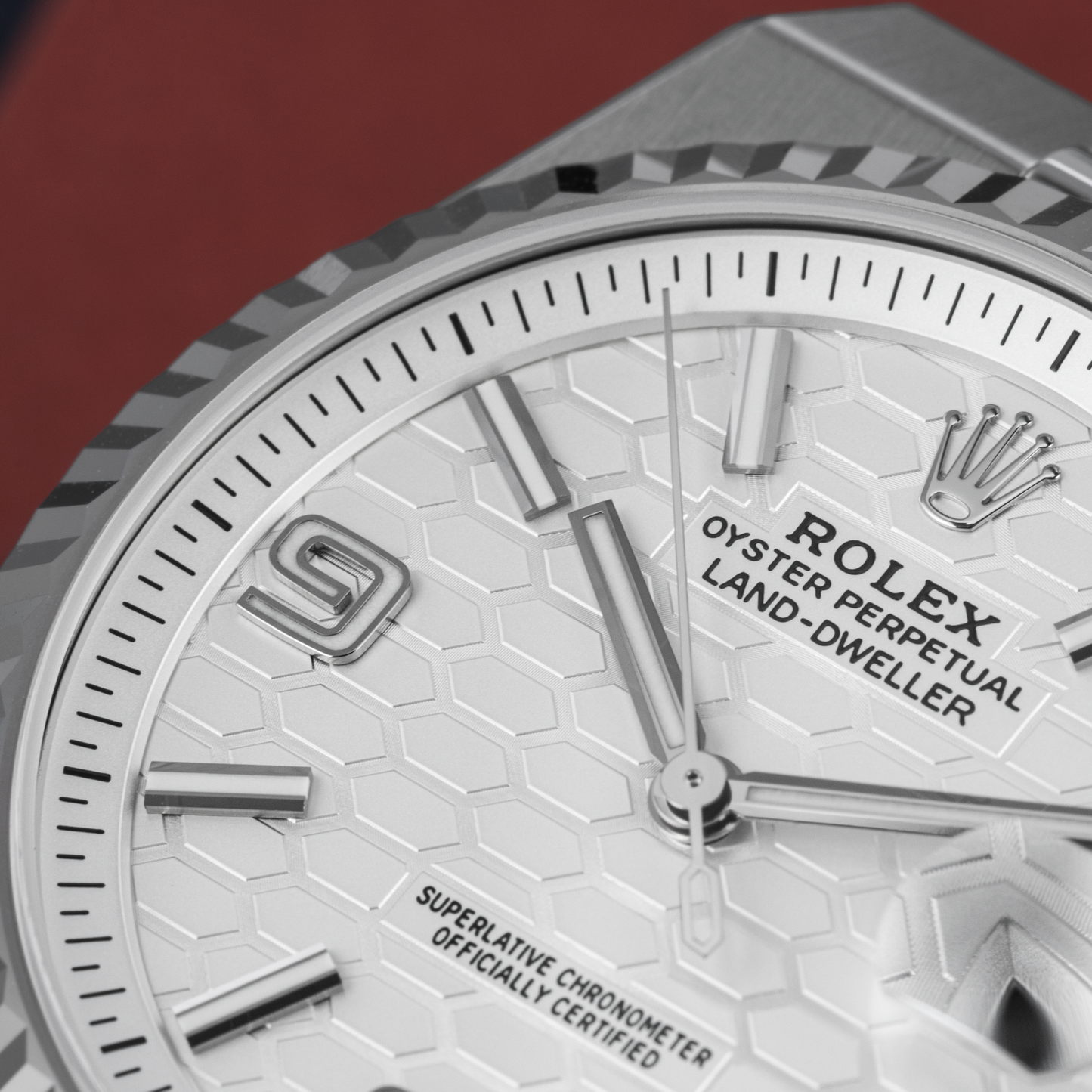 Close-up of Dial of Stainless Steel Rolex Land-Dweller Ref. 127334 40mm