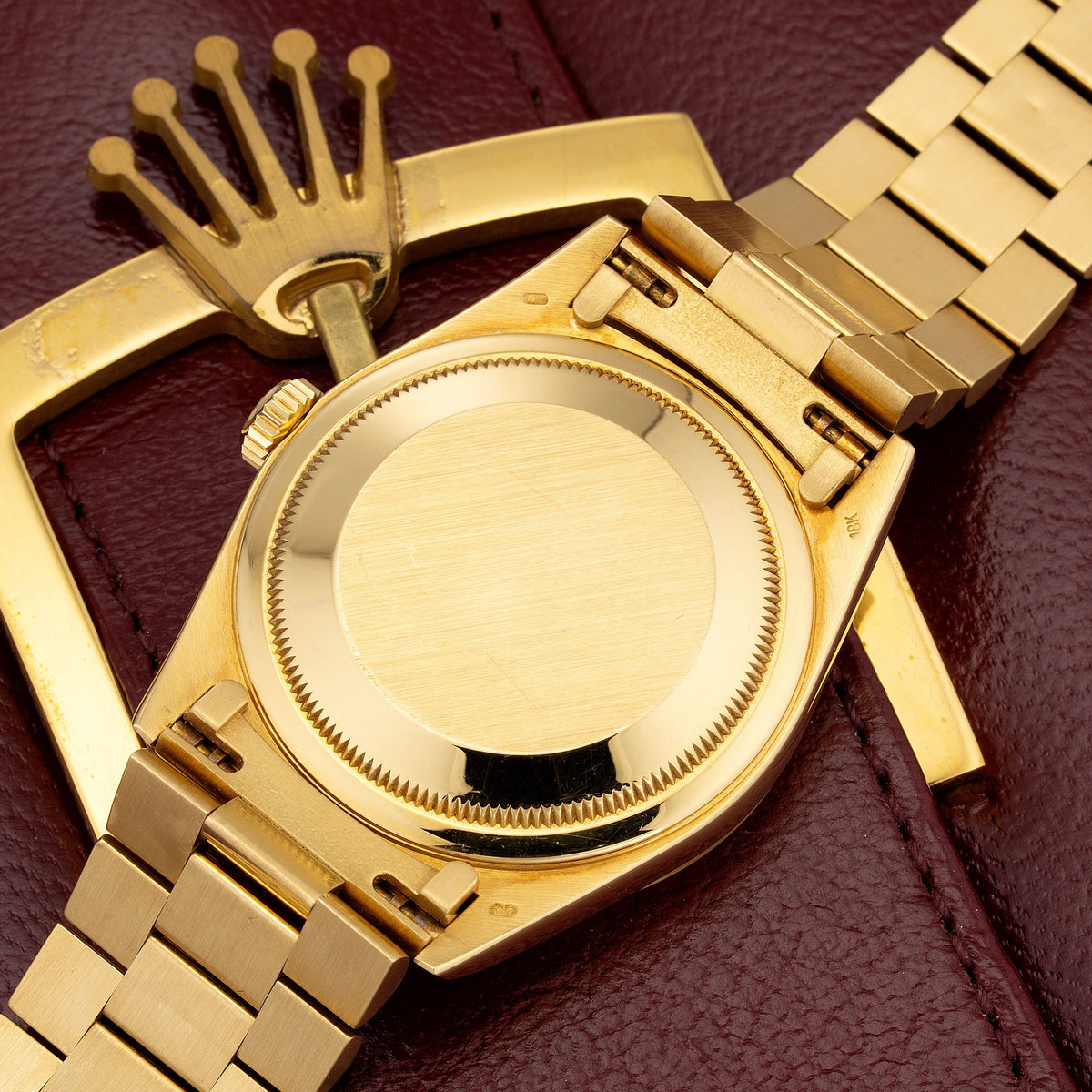 Caseback of 36mm Rolex Day-Date “Rubellite Dial” in 18K Yellow Gold