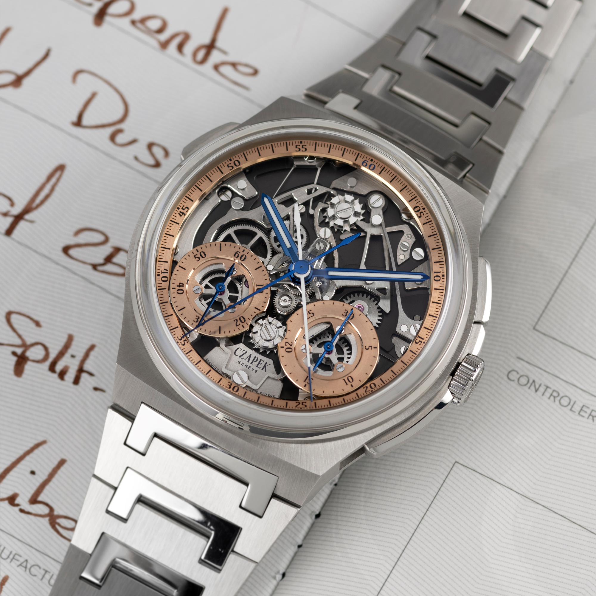 Stainless Steel Czapek Limited Editon of 25 Gold Dust Rattrapante Split Chronograph 42.5mm