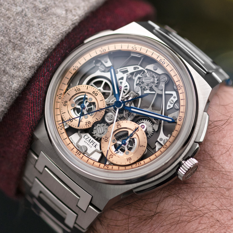 Wrist-shot of Stainless Steel Czapek Limited Editon of 25 Gold Dust Rattrapante Split Chronograph 42.5mm