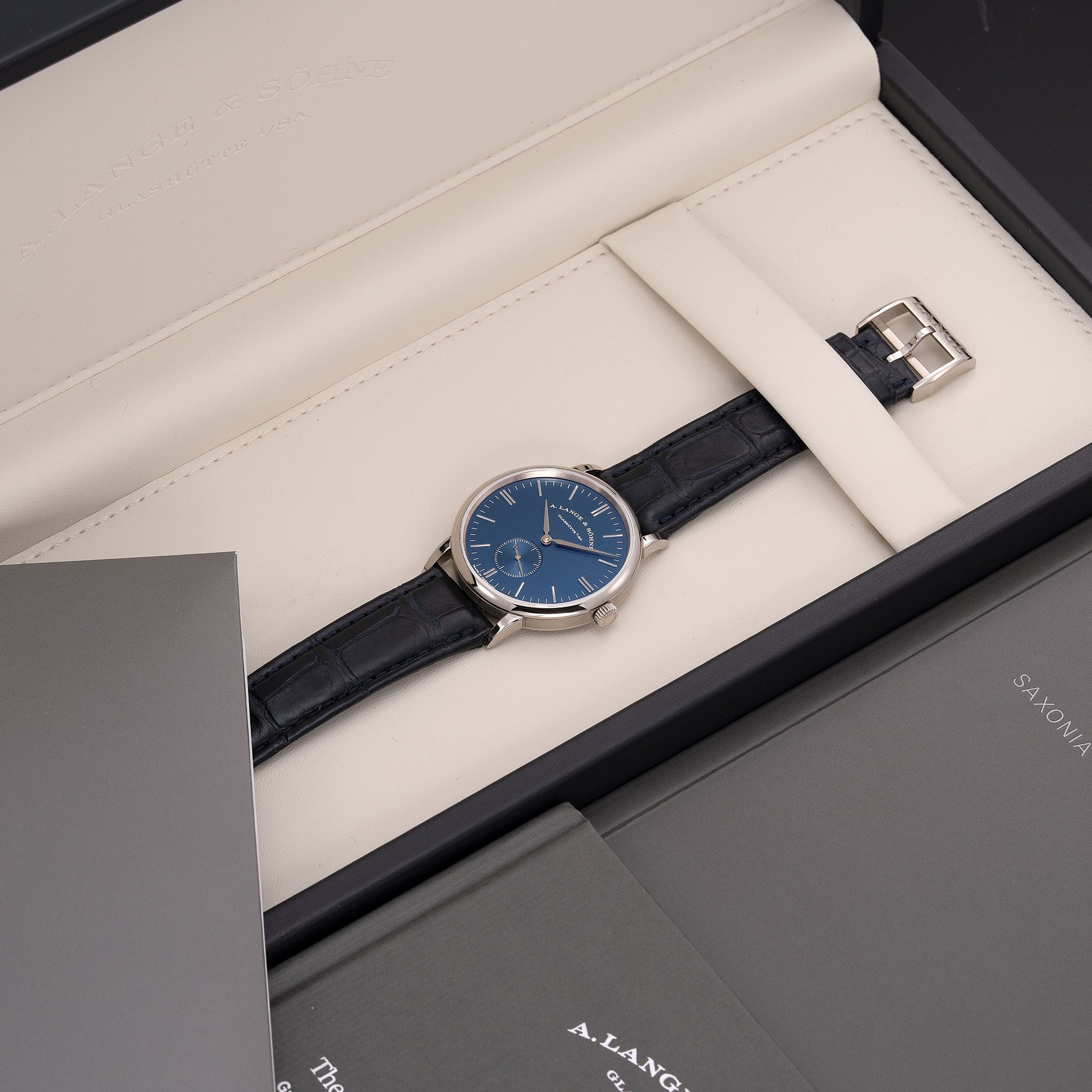 White Gold A. Lange & Söhne Saxonia “Blue Series” Ref. 219.028 35mm with box and papers