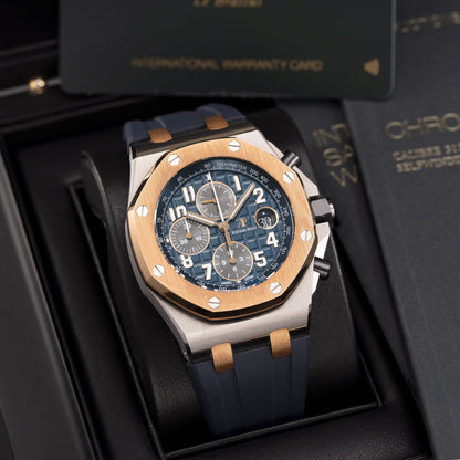 Full Set Pink Gold and Stainless Steel Audemars Piguet Royal Oak Offshore Selfwinding Chronograph “Bucherer Blue” Ref. 26471SR.OO.D101CR.01.A 42mm