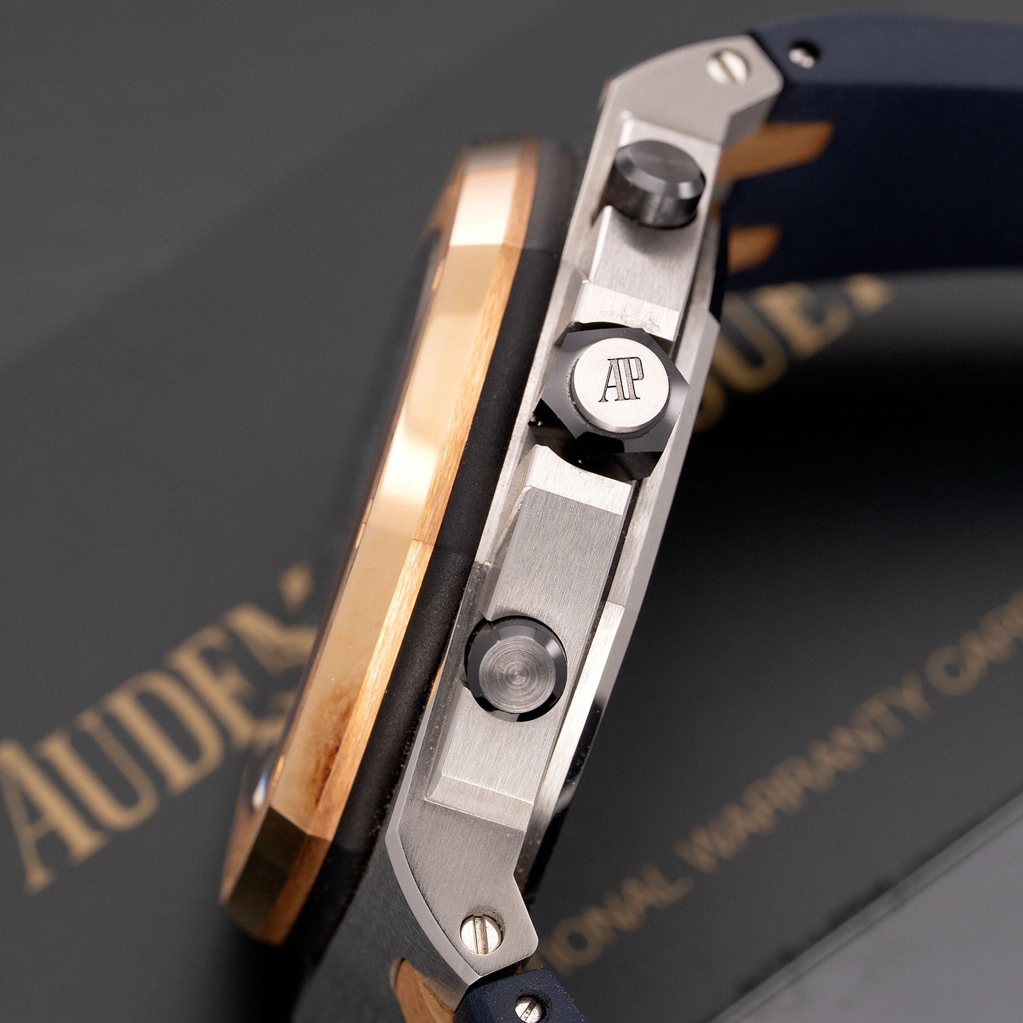 Crown Shot of Pink Gold and Stainless Steel Audemars Piguet Royal Oak Offshore Selfwinding Chronograph “Bucherer Blue” Ref. 26471SR.OO.D101CR.01.A 42mm