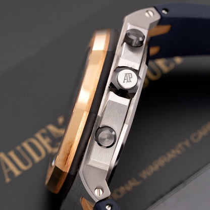 Crown Shot of Pink Gold and Stainless Steel Audemars Piguet Royal Oak Offshore Selfwinding Chronograph “Bucherer Blue” Ref. 26471SR.OO.D101CR.01.A 42mm
