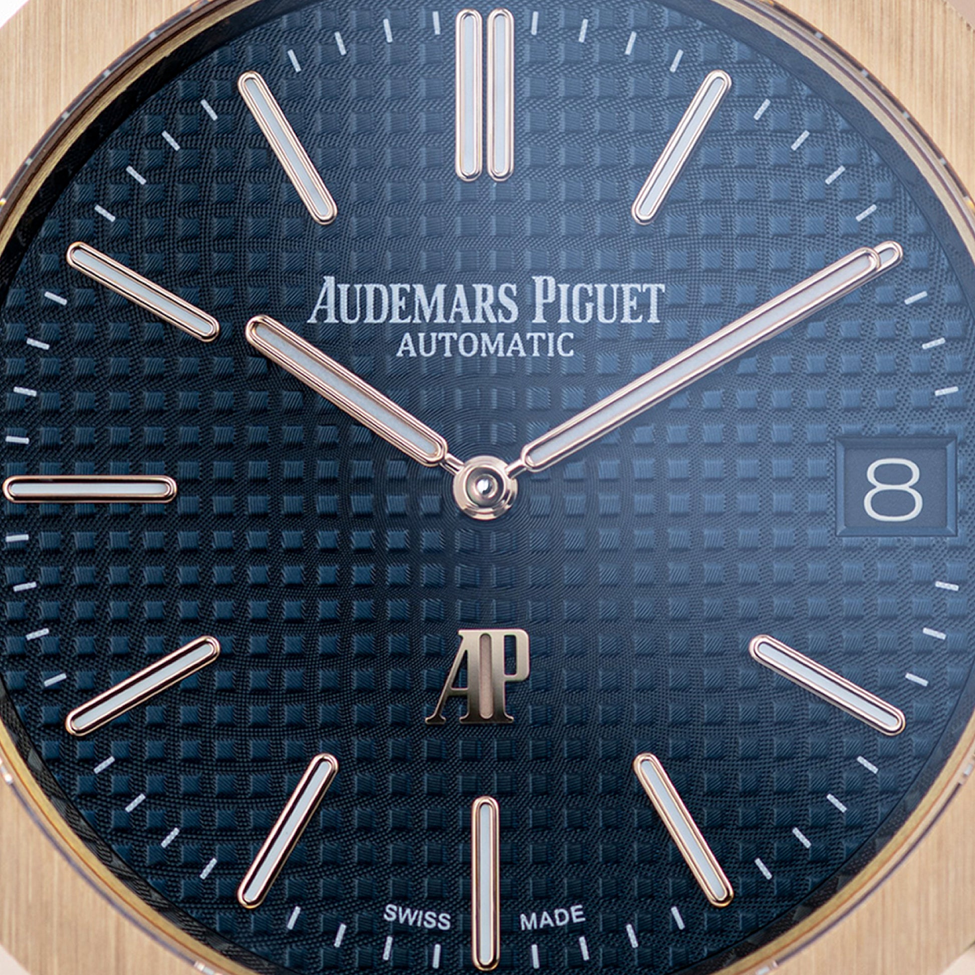 Rose Gold Audemars Piguet Royal Oak close up blue dial Ref 15202OR 39mm 