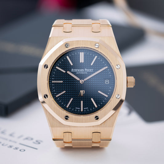 Rose Gold Audemars Piguet Royal Oak with blue dial Ref 15202OR 39mm 