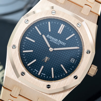 Rose Gold Audemars Piguet Royal Oak with blue dial Ref 15202OR 39mm 