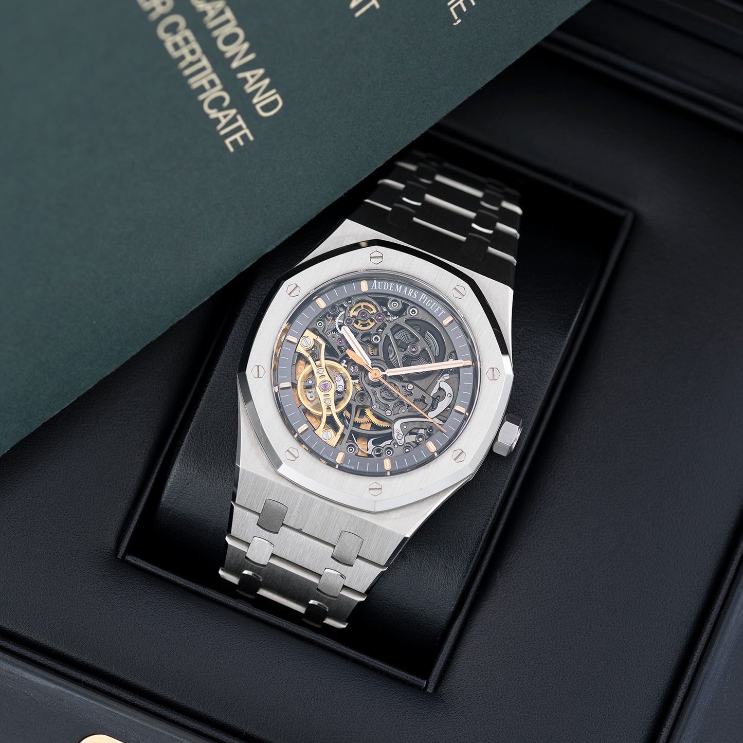 Full Set Stainless Steel Audemars Piguet Royal Oak "Skeleton" Double Balance Wheel Openworked Ref. 15407ST.OO.1220ST.01 41mm