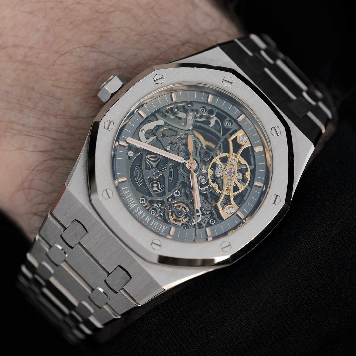 Wrist Shot of Stainless Steel Audemars Piguet Royal Oak "Skeleton" Double Balance Wheel Openworked Ref. 15407ST.OO.1220ST.01 41mm