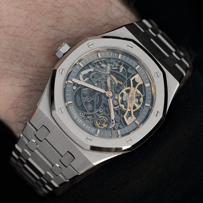 Wrist Shot of Stainless Steel Audemars Piguet Royal Oak "Skeleton" Double Balance Wheel Openworked Ref. 15407ST.OO.1220ST.01 41mm