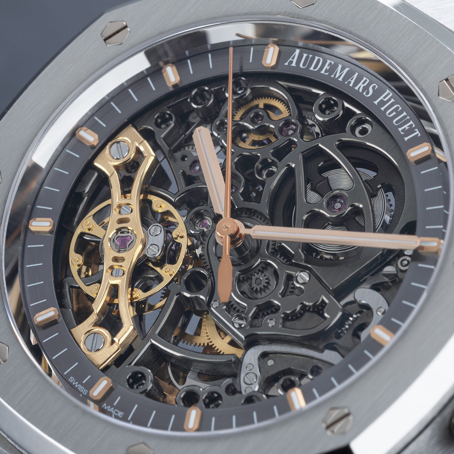 Close up of Stainless Steel Audemars Piguet Royal Oak "Skeleton" Double Balance Wheel Openworked Ref. 15407ST.OO.1220ST.01 41mm