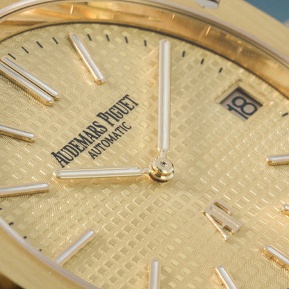 Close-up of Yellow Gold Audemars Piguet Royal Oak
“Jumbo” Extra-Thin Ref. 15202BA.OO.1240BA.02.A 39mm