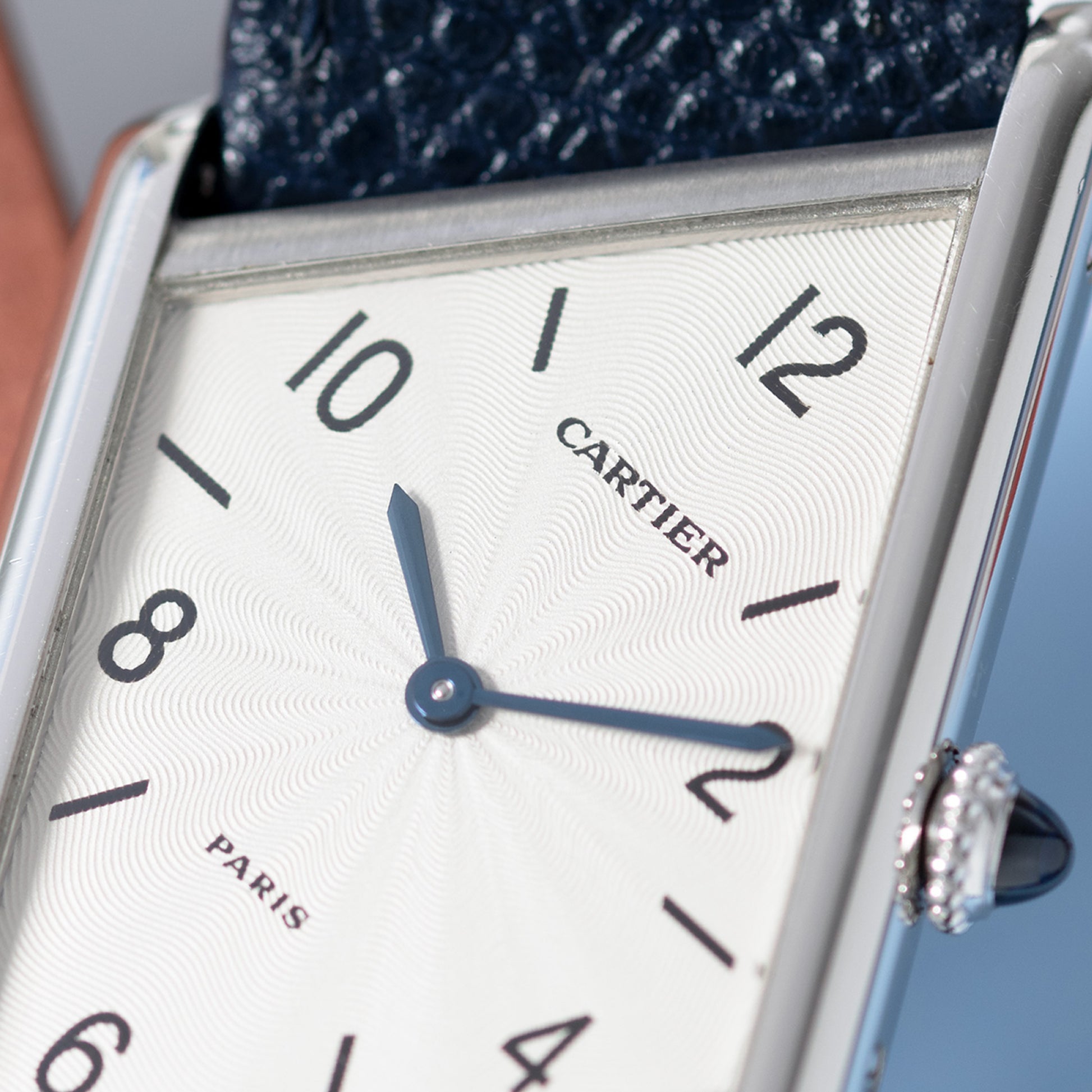 Close-up of Platinum Cartier Tank Asymétrique Limited Edition of 100 Ref. 2488 23mm x 33mm 