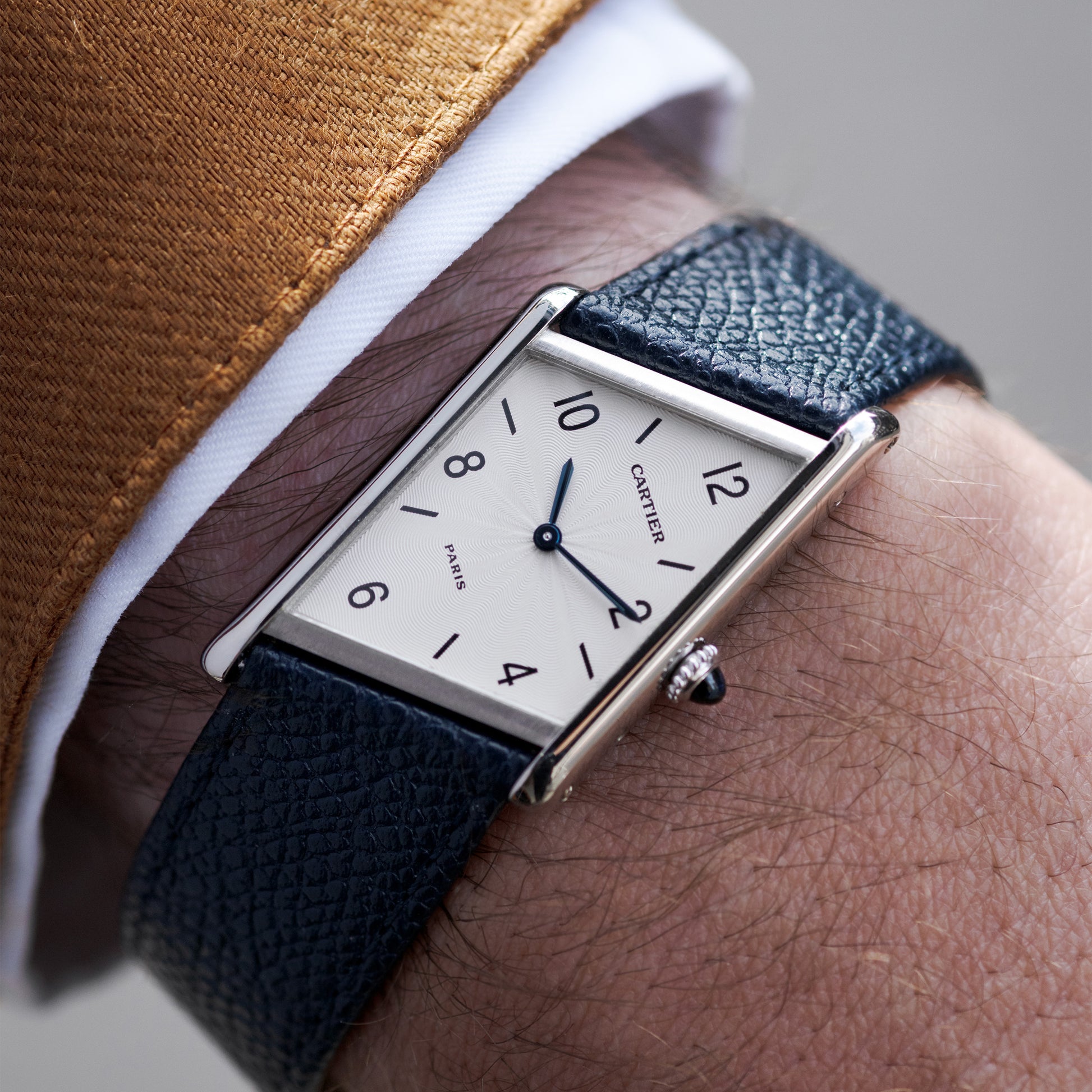 Wrist-Shot of Platinum Cartier Tank Asymétrique Limited Edition of 100 Ref. 2488 23mm x 33mm 