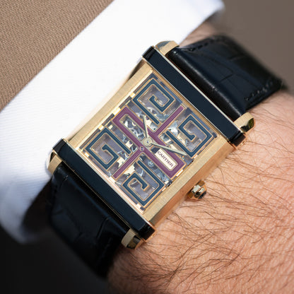 Wrist-shot of Yellow Gold Cartier Tank Chinoise Skeleton Ref. WHTA0016 39.5 mm