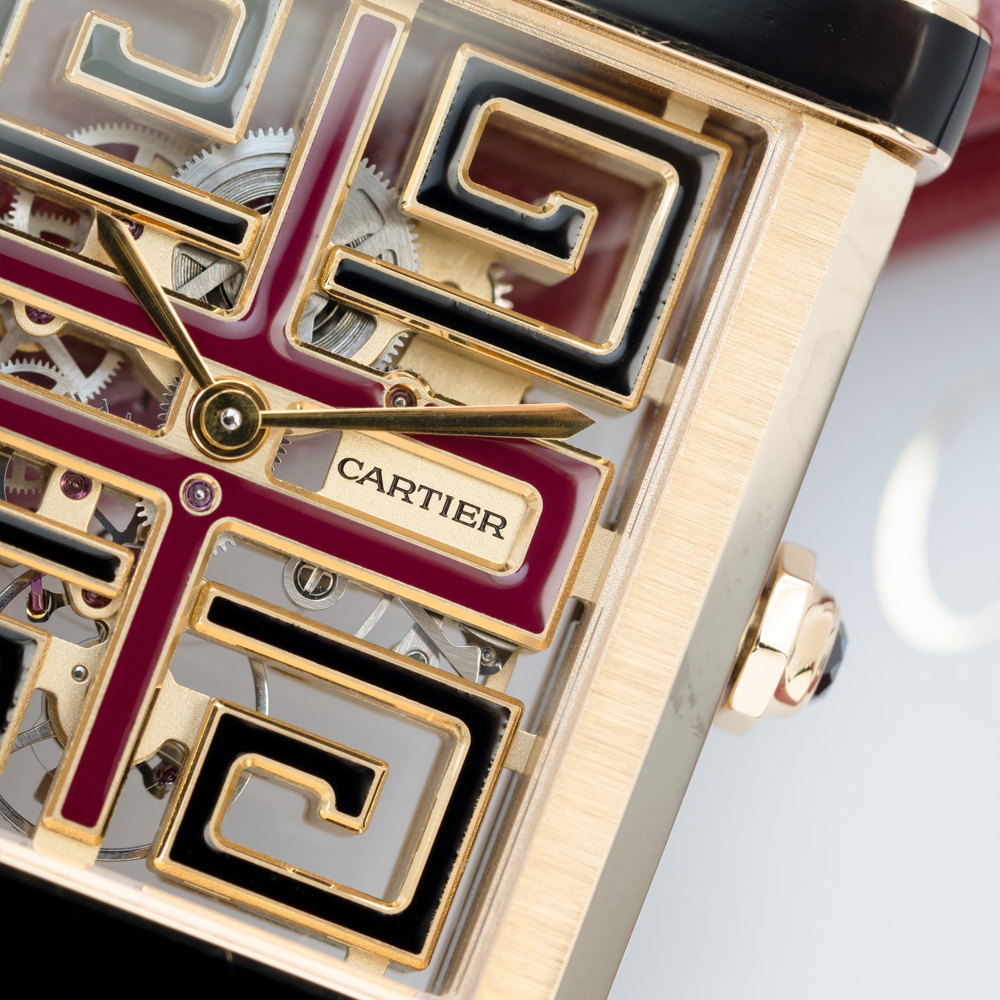 Close-up Yellow Gold Cartier Tank Chinoise Skeleton Ref. WHTA0016 39.5 mm
