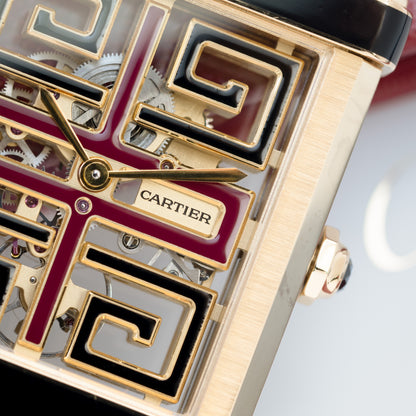 Close-up Yellow Gold Cartier Tank Chinoise Skeleton Ref. WHTA0016 39.5 mm