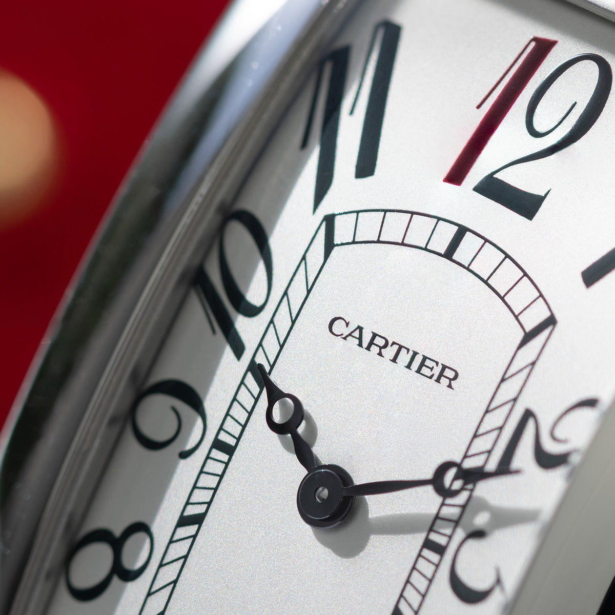 Close-up of Platinum Cartier Tank Cintrée Montenapoleone Special Edition Ref. WGTA0284 46.3 mm x 23 mm