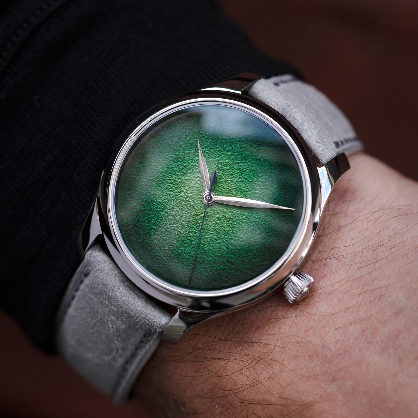 Wristshot of Stainless Steel H. Moser & Cie. Endeavour Centre Seconds Concept Lime Green Ref. 1200-1233 40mm 