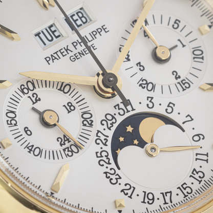 Close-up of Yellow Gold Patek Philippe Perpetual Calendar Chronograph in 'Fourth Series' Ref. 3970EJ-014 36mm
