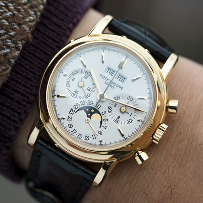 Wrist shot of Yellow Gold Patek Philippe Perpetual Calendar Chronograph in 'Fourth Series' Ref. 3970EJ-014 36mm
