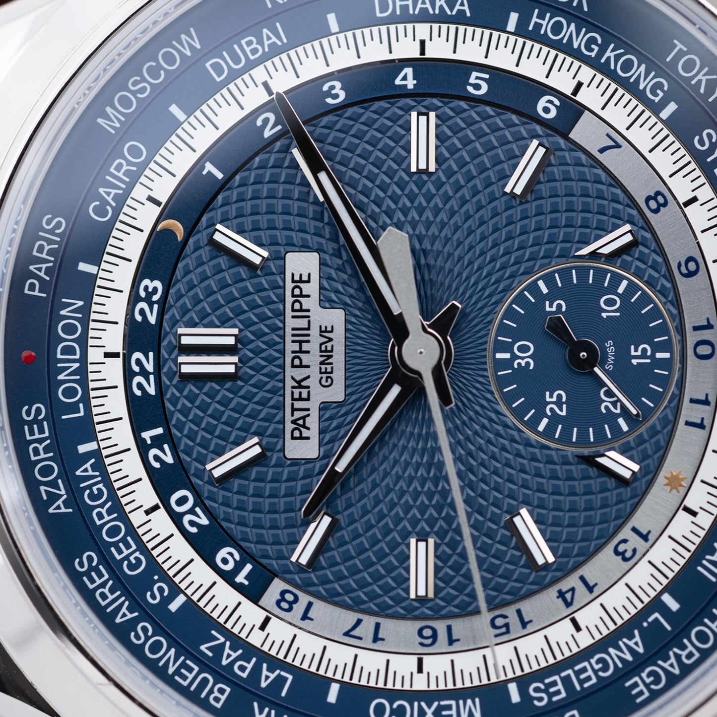 White Gold Patek Philippe World Time Chronograph ref. 5930G Dial Close-up 39.5mm