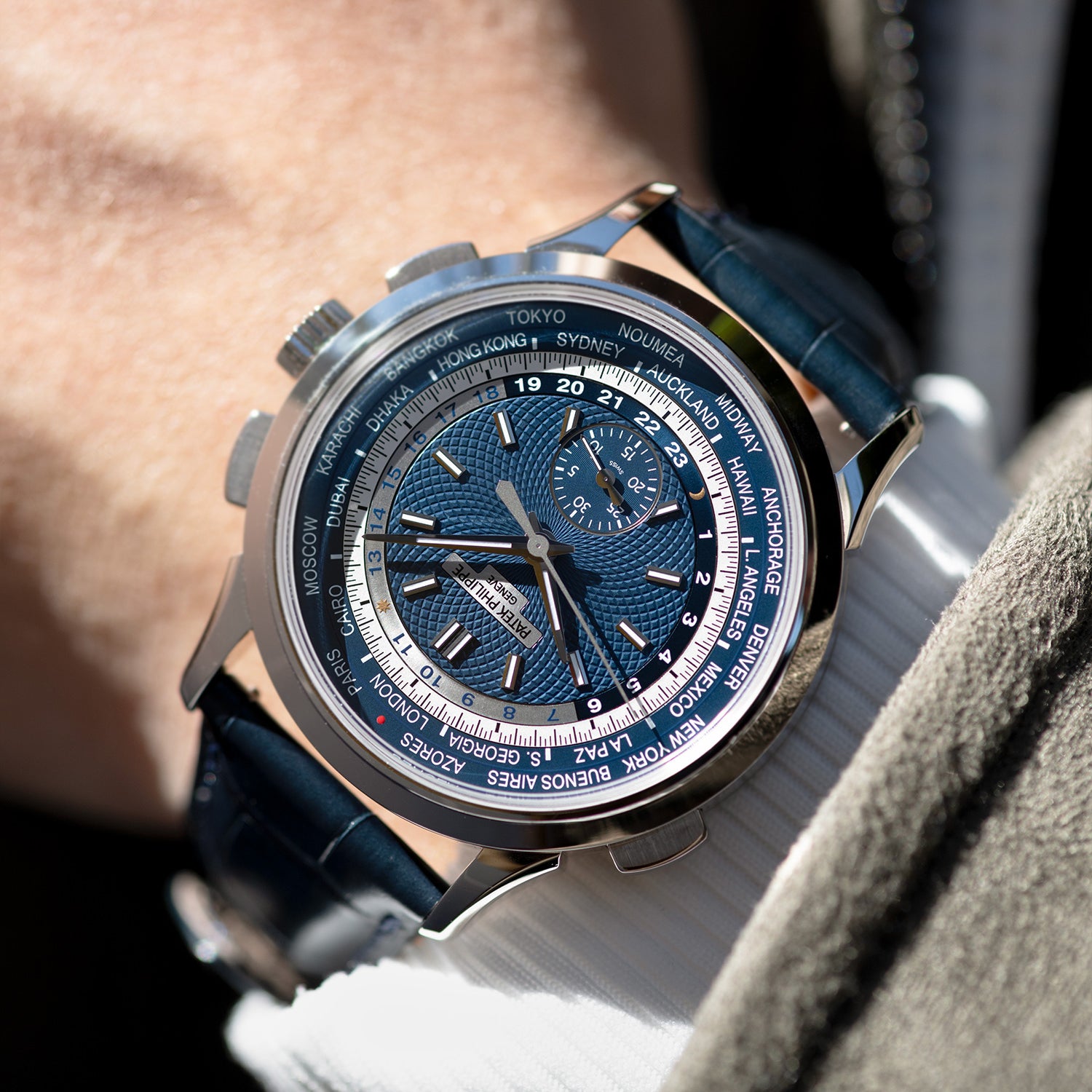 White Gold Patek Philippe World Time Chronograph ref. 5930G Wristshot 39.5mm