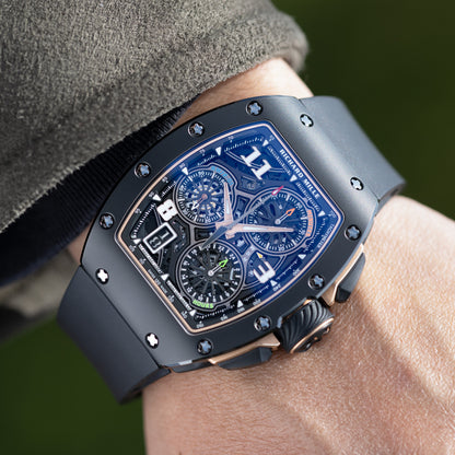 Wrist shot of black ceramic Richard Mille flyback chronograph RM72-01