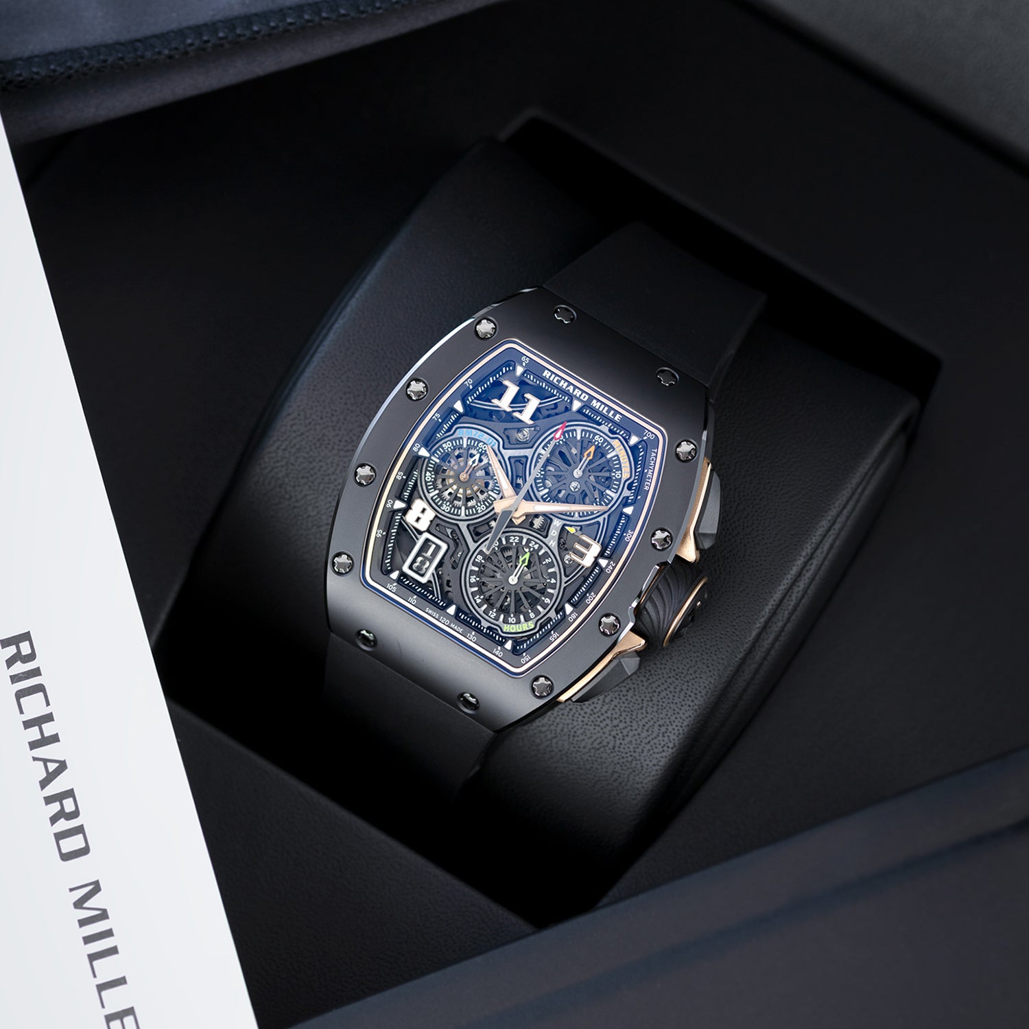 Full set of box and papers with black ceramic Richard Mille flyback chronograph RM72-01