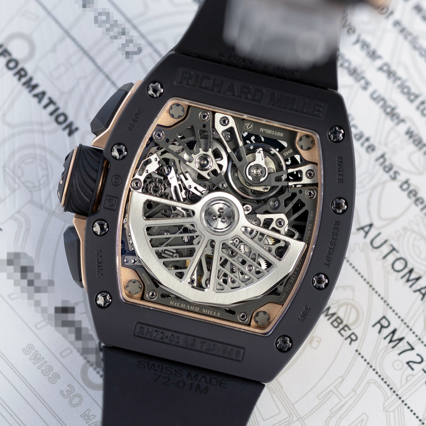 Back shot of black ceramic Richard Mille flyback chronograph RM72-01