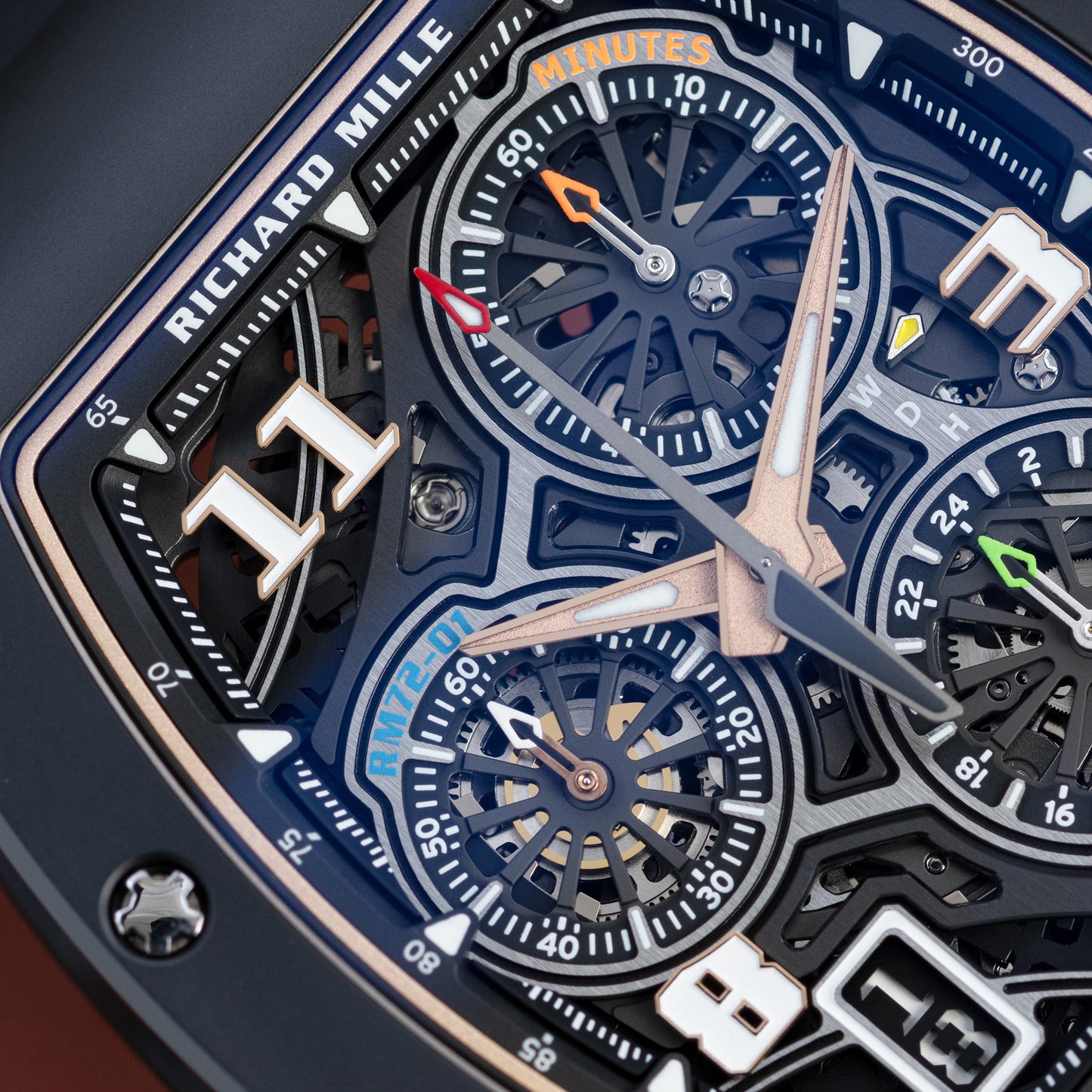 Close up shot of black ceramic Richard Mille flyback chronograph RM72-01