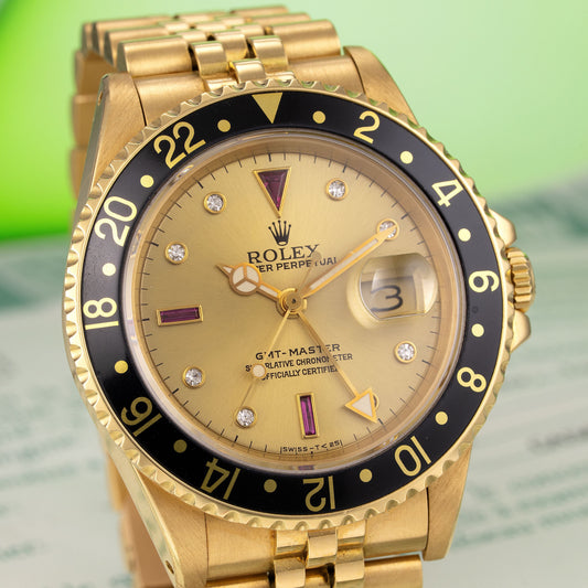 Close up of 18K Yellow Gold Rolex GMT-Master Ref. 16758 40mm