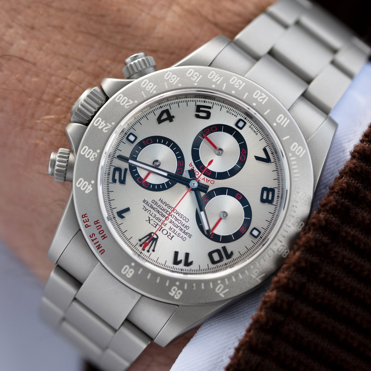 Wristshot of Grey MGTC Stainless Steel Bamford Watch Department Rolex Daytona Ref. 116520 40mm