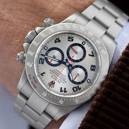 Wristshot of Grey MGTC Stainless Steel Bamford Watch Department Rolex Daytona Ref. 116520 40mm