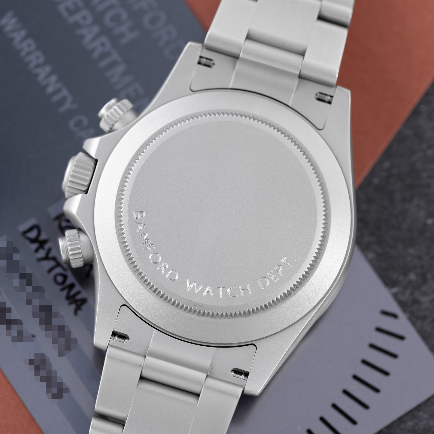 Back of Grey MGTC Stainless Steel Bamford Watch Department Rolex Daytona Ref. 116520 40mm
