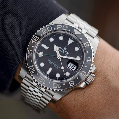 Wrist-shot of Stainless Steel Rolex GMT-Master II Ref. 126710GRNR Bruce Wayne 40mm