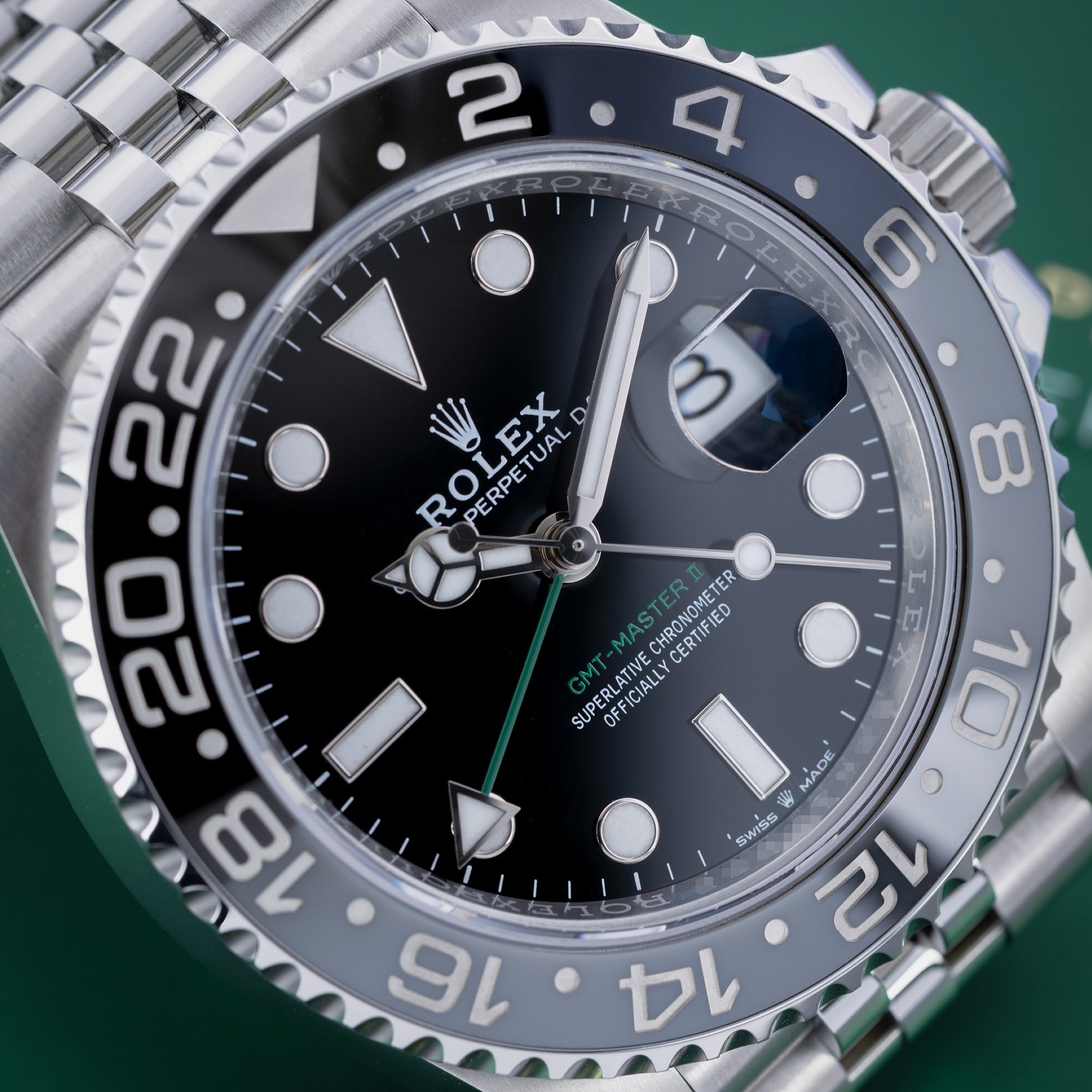 Close-up of Stainless Steel Rolex GMT-Master II Ref. 126710GRNR Bruce Wayne 40mm