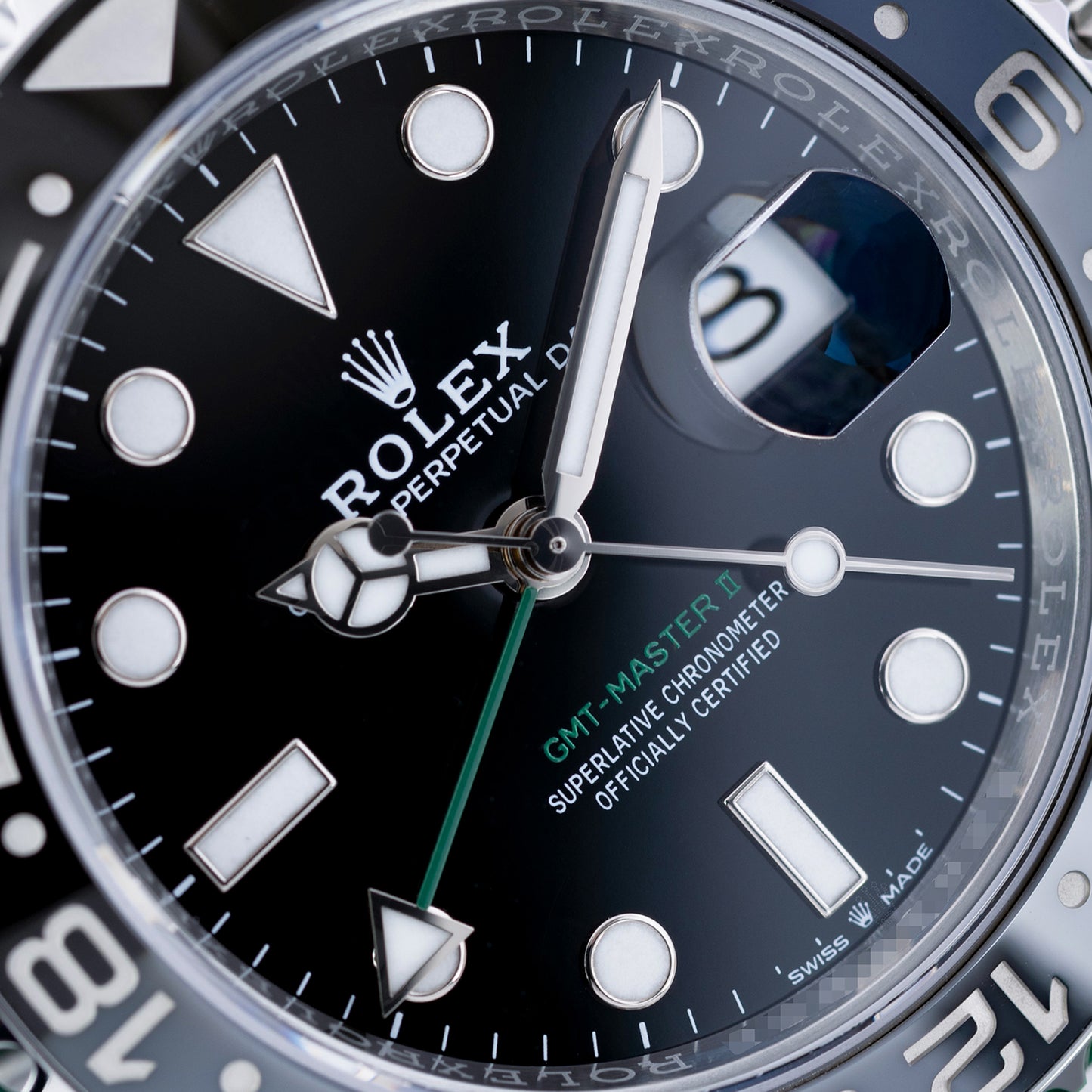 Close-up of Stainless Steel Rolex GMT-Master II Ref. 126710GRNR Bruce Wayne 40mm