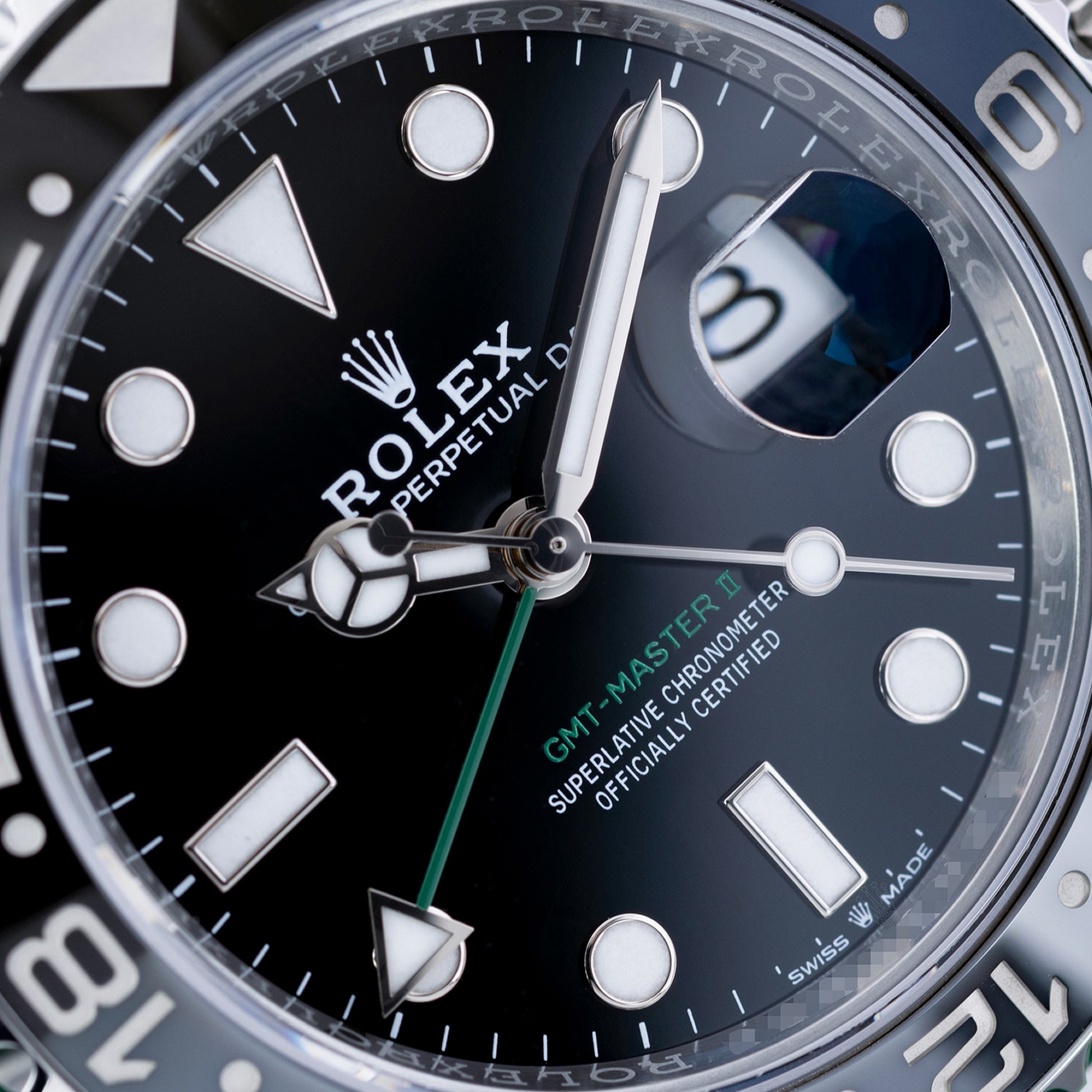 Close-up of Stainless Steel Rolex GMT-Master II Ref. 126710GRNR Bruce Wayne 40mm