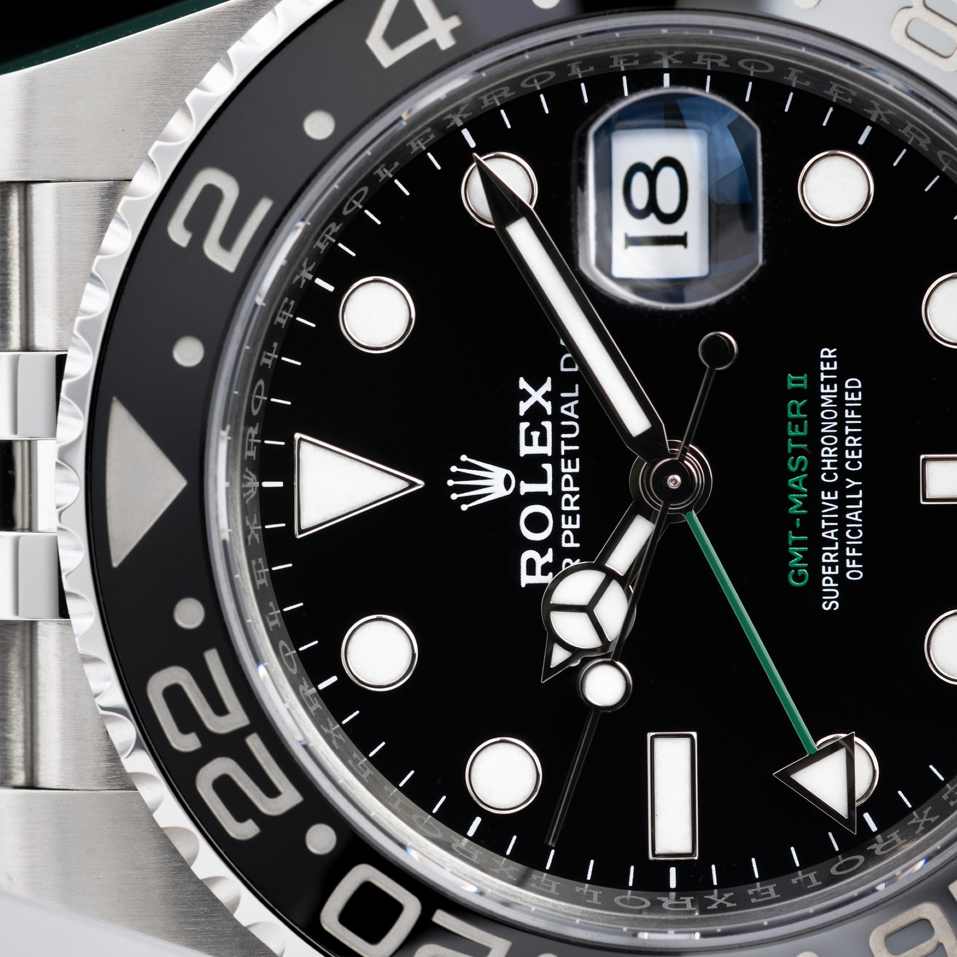 Close-up of Stainless Steel Rolex GMT-Master II Ref. 126710GRNR Bruce Wayne 40mm