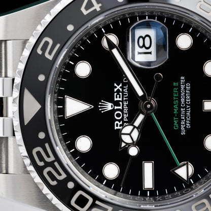 Close-up of Stainless Steel Rolex GMT-Master II Ref. 126710GRNR Bruce Wayne 40mm