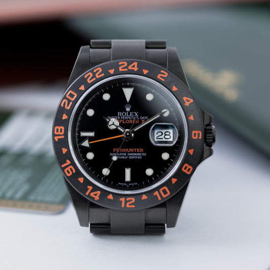 Black DLC Prohunetr Explorer II ref.16570 40mm straight on shot