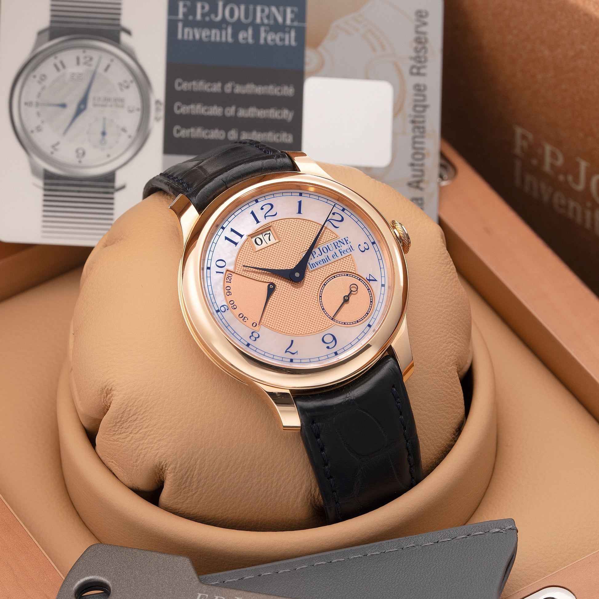 Full Set of F.P.Journe Octa Automatique Réserve Nacre Ref. AR 40mm in 18K 6N Gold and Pink Mother-of-Pearl Hour Ring