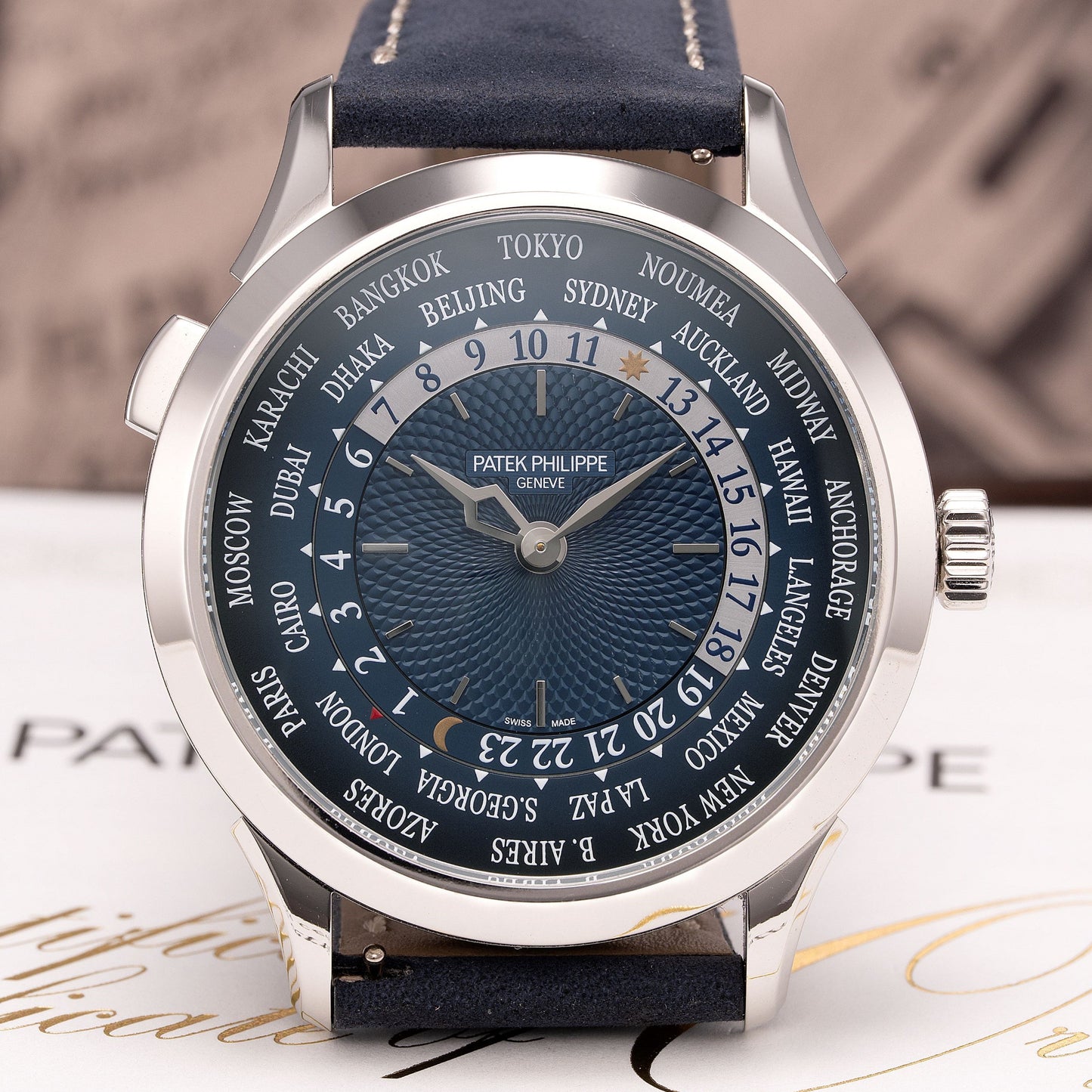Close up of Platinum Patek Philippe Complications World Time Ref. 5230P-001 38.5mm