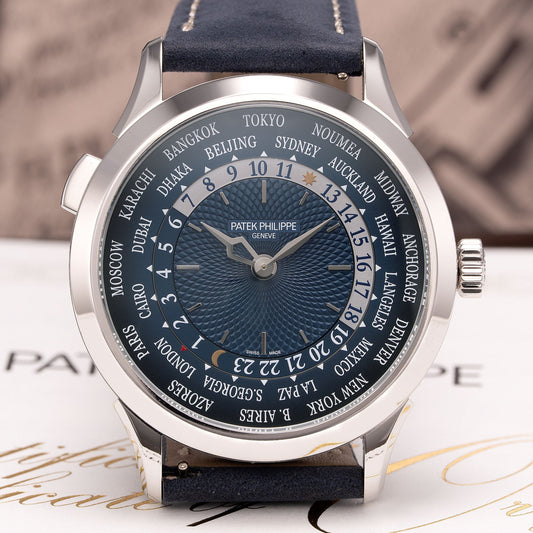 Close up of Platinum Patek Philippe Complications World Time Ref. 5230P-001 38.5mm