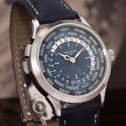 Close up of Platinum Patek Philippe Complications World Time Ref. 5230P-001 38.5mm