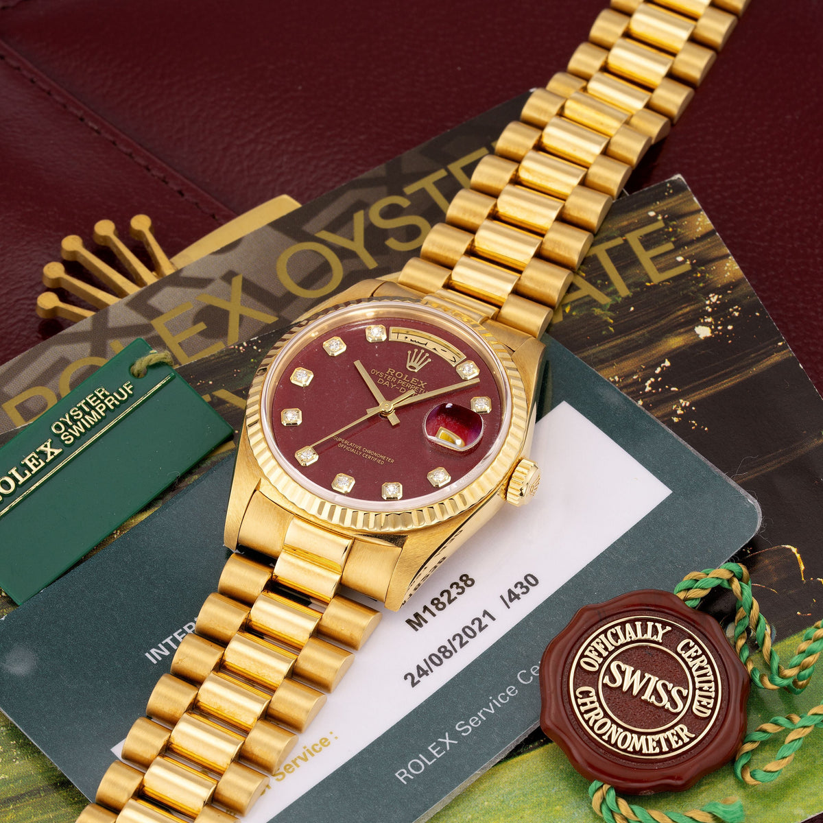 Full Set of 36mm Rolex Day-Date “Rubellite Dial” in 18K Yellow Gold
