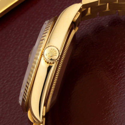 Crown of 36mm Rolex Day-Date “Rubellite Dial” in 18K Yellow Gold